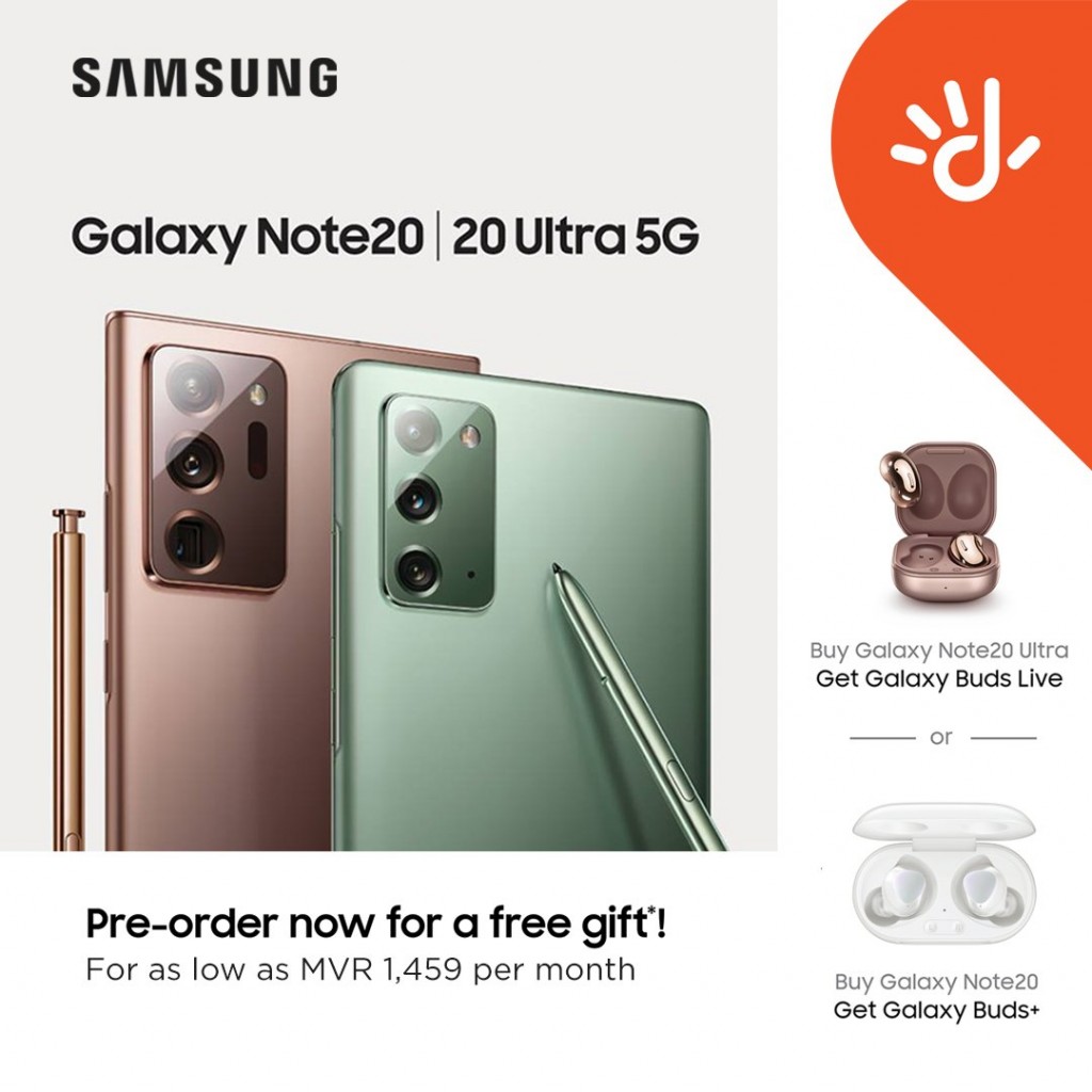 Dhiraagu in Samsung galaxy note 20 adhi 20 ultra 5G preorder ah hulhuvaalaifi