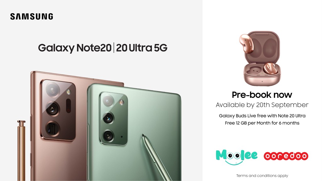 Samsung Galaxy Note20 adhi Note20 ultra, haassa offer thakaaeku pre book kurumah Ooredoo inn hulhuvvaalaifi