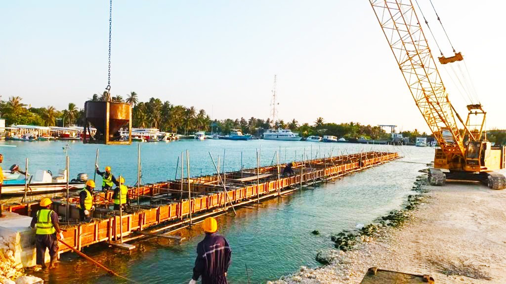 Himmafushi harbor development underway with quay wall construction