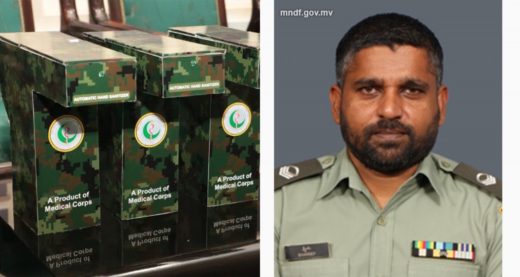 MNDF ge sergeant Shareef, automatic sanitizer machine eh ufahdhaifi