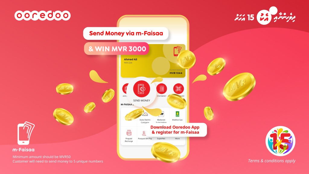 Ooredoo M-Faisaa ge Send Money beynun kohggen 3 meehakah 3000 Rufiya libey promotion eh