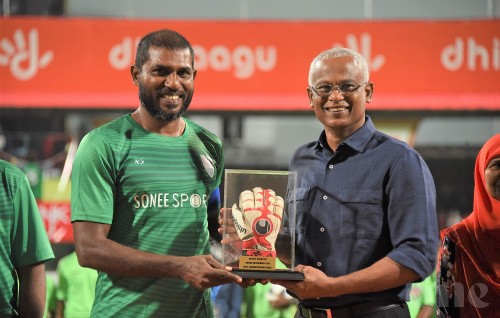 Goalkeeper Imran scores a goal for his team, winning in retirement match.
