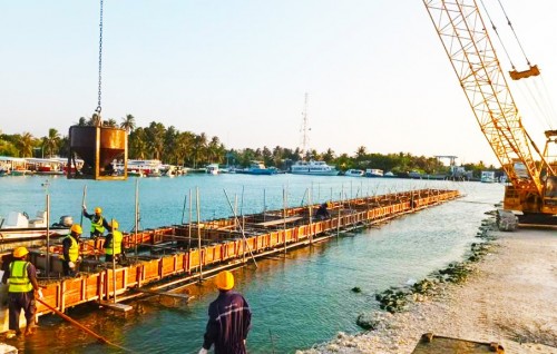 Himmafushi harbor development underway with quay wall construction