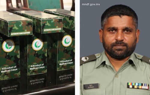 MNDF ge sergeant Shareef, automatic sanitizer machine eh ufahdhaifi