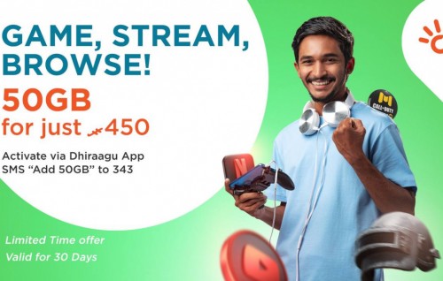 Dhiraagu in 450 rufiyaa ah 50 GB  data libey offer eh