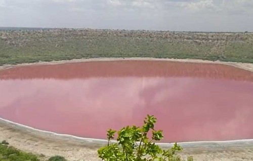 ‘From green to pink’: Crater lake makes dramatic colour change in India